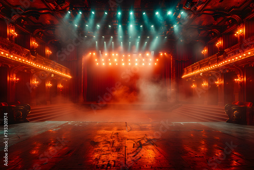 Empty Blank Stage Performance Space Showtime Lighting  Vibrant circus lights create a magical atmosphere inside the big 