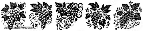 bunch of grapes with leaves, plant decoration, black vector silhouette shape, monochrome illustration for laser cutting and engraving, isolatet contour svg sketch design clipart