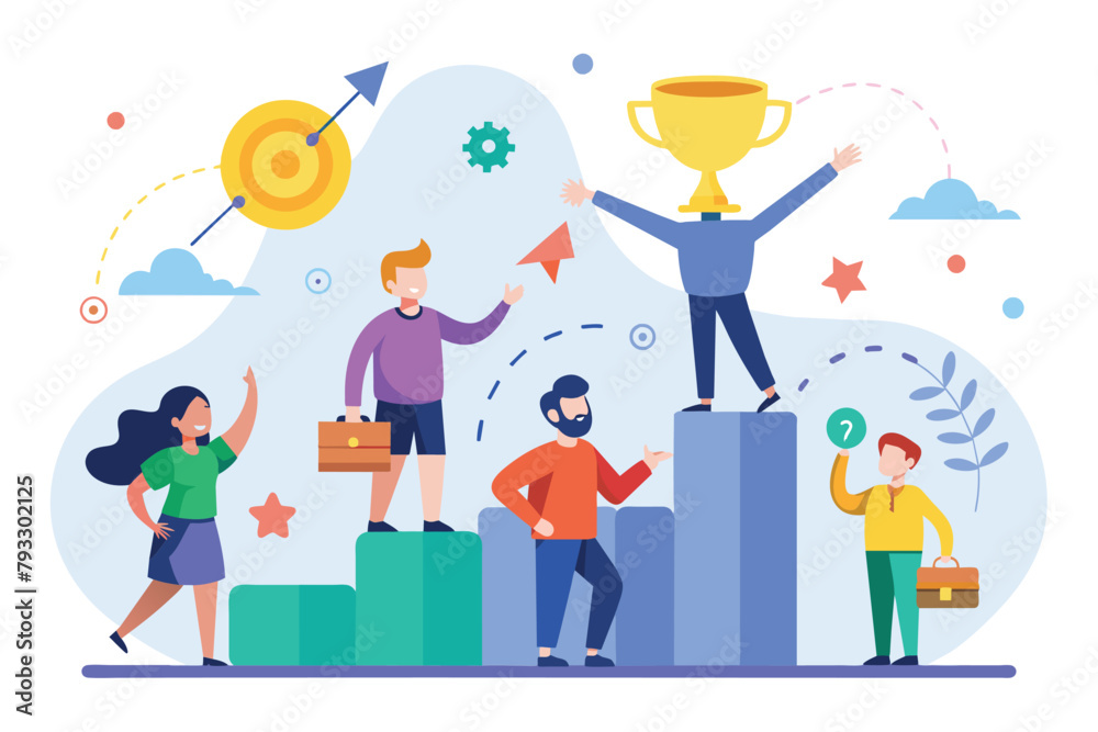 A group of individuals standing on the highest points of a bar chart, symbolizing success and collaboration in business, Success together trending, Simple and minimalist flat Vector Illustration