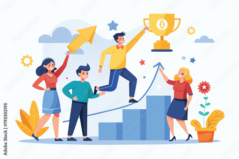 A diverse group of individuals standing together on a bar graph, symbolizing success and teamwork, Success together trending, Simple and minimalist flat Vector Illustration