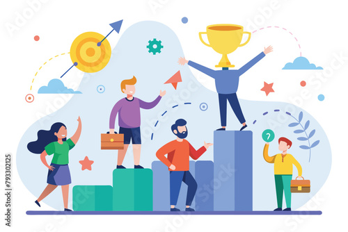 A group of individuals standing on the highest points of a bar chart, symbolizing success and collaboration in business, Success together trending, Simple and minimalist flat Vector Illustration