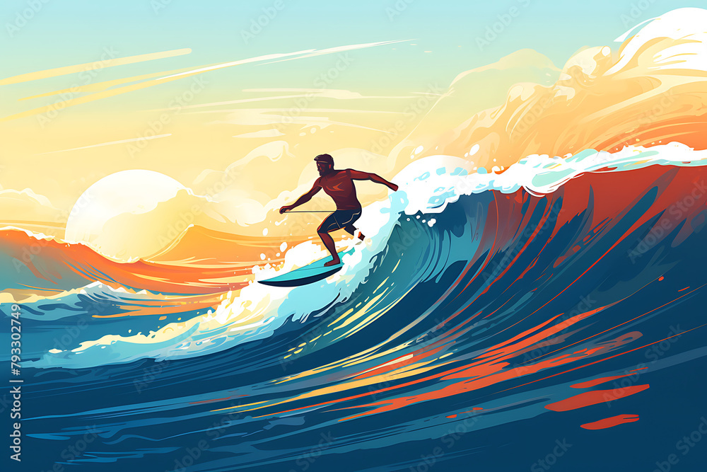 A dynamic illustration of a surfer riding a towering blue wave under a clear sky. Generative AI
