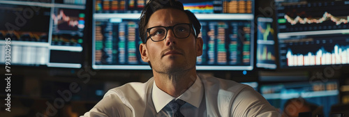 A man wearing glasses and a tie is standing in front of a wall of monitors