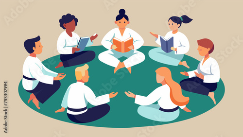 A group of students sits in a circle discussing and comparing the cultural significance of different forms of martial arts. From the