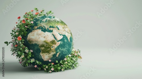 Earth globe covered with green plants and trees, symbolizing ecological balance and care for the environment. World Environment Day.