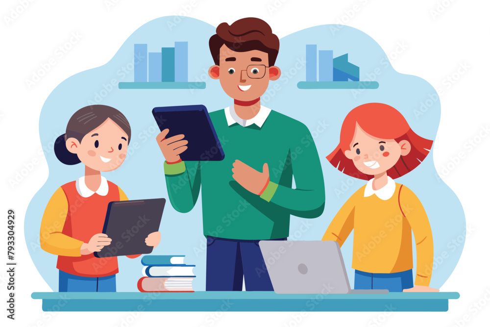 Fototapeta premium A man stands next to two girls while another man holds a tablet, possibly teaching or demonstrating something, Teachers use tablets to teach students, Simple and minimalist flat Vector Illustration
