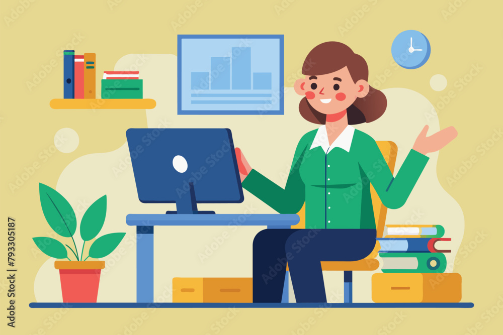 A woman sits at a desk, working on a computer, Teacher teaching by computer, Simple and minimalist flat Vector Illustration