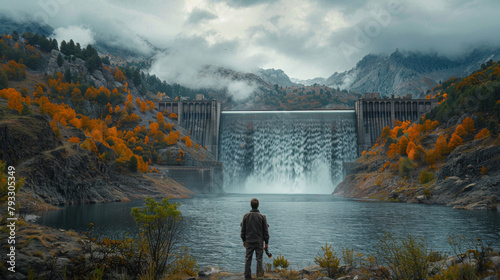 Engineer stands before a hydraulic dam, observing the cascading water surrounded by autumn foliage.