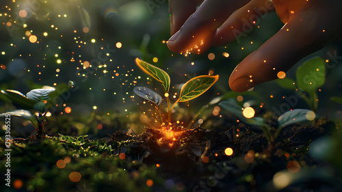 a magical scene where a small plant with radiant leaves emerges from the ground, surrounded by an ethereal glow