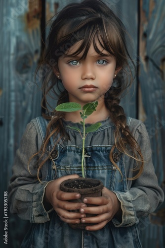 Against the background of a wooden wall, a little girl holds a potted plant, symbolizing the connection between people, nature and the environment.