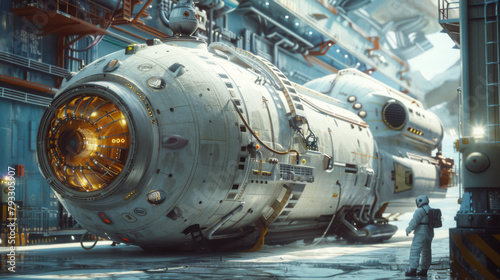 An engineer stands by a futuristic submarine at a marine research facility.