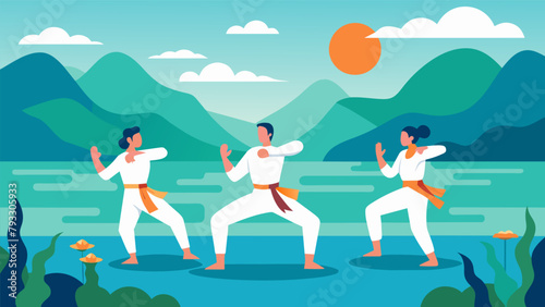 A group of martial artists standing on the edge of a peaceful lake performing synchronized movements as they connect with the calmness of the