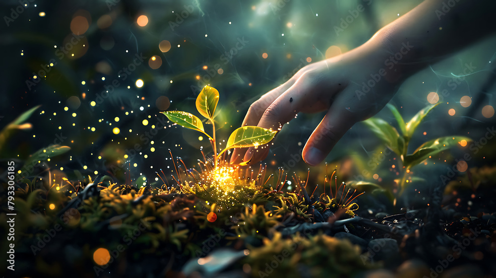 Fototapeta premium a magical scene where a small plant with radiant leaves emerges from the ground, surrounded by an ethereal glow