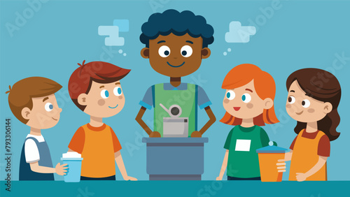 A group of kids huddled around a young inventors table listening attentively as they explain their invention a remotecontrolled trash collector