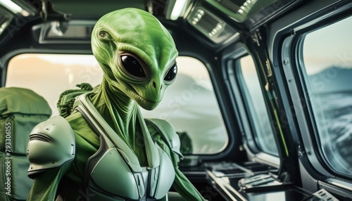 green alien creature in a spacecraft photo