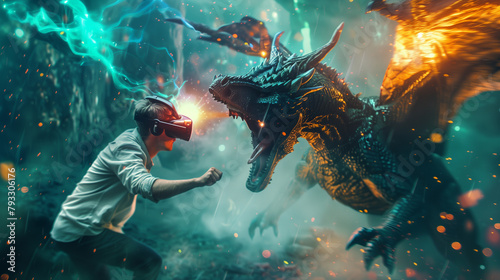 Virtual Reality Gamer Engaging with a Cybernetic Dragon, Virtual Reality Fantasy Video Game