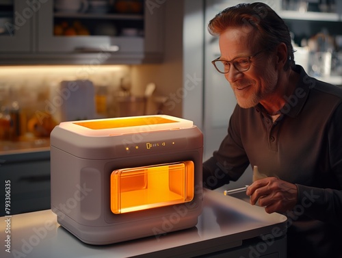 A man is sitting at a table with a device in front of him. He is smiling and he is enjoying himself. The device is a toaster oven, and it is emitting a warm glow
