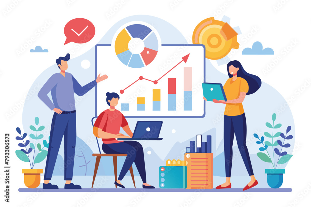 Multiple individuals collaborate around a table, focusing on a laptop displaying business growth data, Teamwork analyzing business growth charts, Simple and minimalist flat Vector Illustration Multiple individuals collaborate around a table, focusing on a laptop displaying business growth data, Teamwork analyzing business growth charts, Simple and minimalist flat Vector Illustration