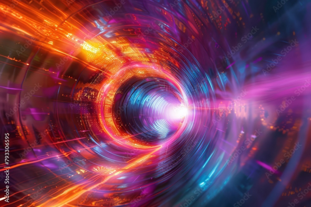 Time Travel Tunnel with Neon Glow, Futuristic Corridor in Orange and Blue, Light Speed Travel Through Sci-Fi Vortex, Dynamic Warp Effect