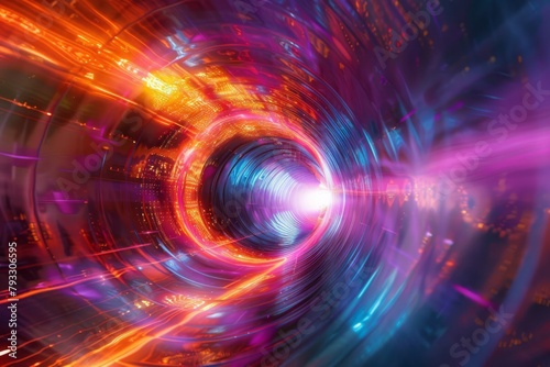 Time Travel Tunnel with Neon Glow, Futuristic Corridor in Orange and Blue, Light Speed Travel Through Sci-Fi Vortex, Dynamic Warp Effect