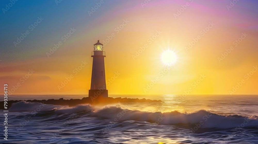 Lighthouse Sunset with Tranquil Sea, Nautical Guidance in Vibrant Sky, Dusk Colors Over Serene Ocean, Coastal Beacon at Twilight