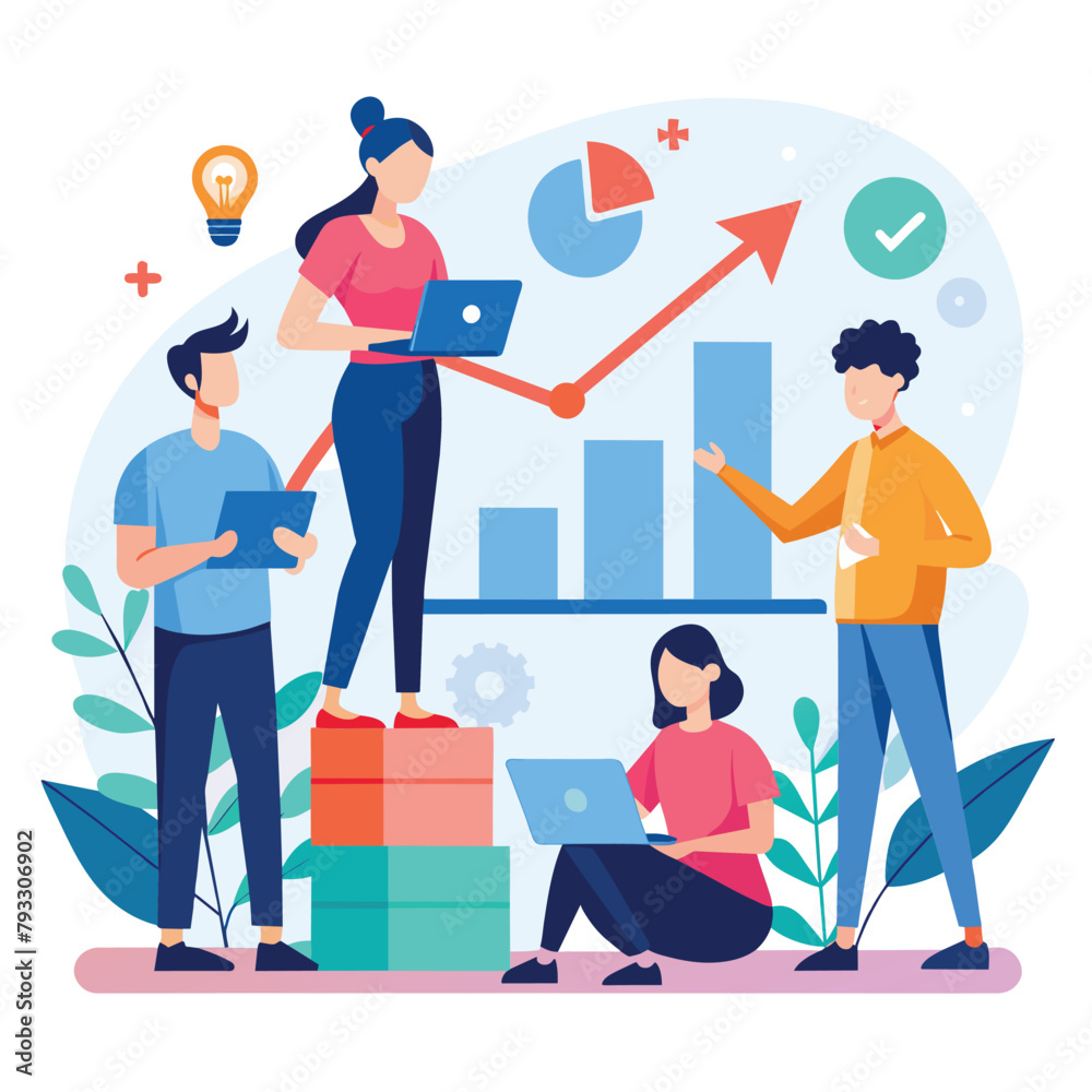 Team of individuals gathered around a laptop, analyzing a growth graph together, Teamwork analyzing growth graph, Simple and minimalist flat Vector Illustration Team of individuals gathered around a laptop, analyzing a growth graph together, Teamwork analyzing growth graph, Simple and minimalist flat Vector Illustration