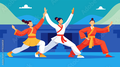 A group of athletes dressed in traditional clothing demonstrate precise and fluid movements as they perform a tai chi routine on the Olympic