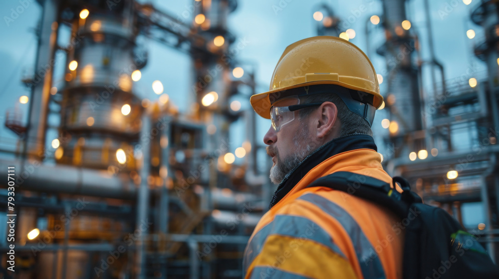 Engineer in safety gear inspects a petrochemical plant at dusk.