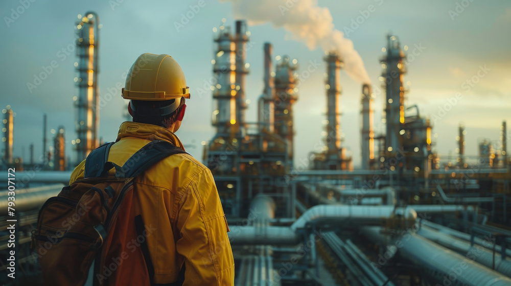Engineer in a yellow hard hat observes a petrochemical plant with tall smokestacks at dusk. Engineer in a yellow hard hat observes a petrochemical plant with tall smokestacks at dusk.