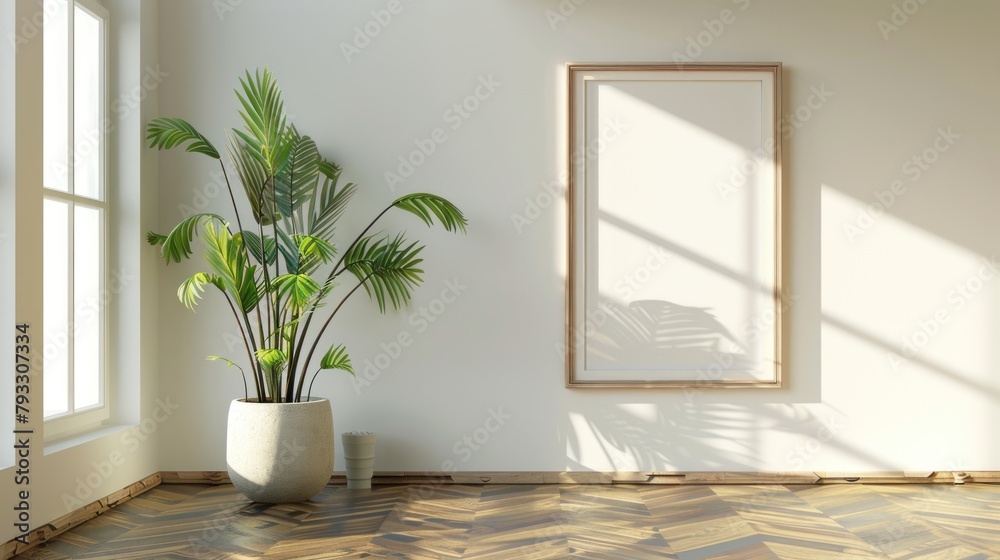 render Modern interiors empty room .plant vase. floor parquet. AI generated