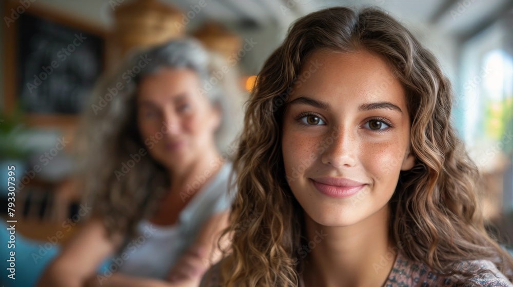 Indoor portrait of a smiling young woman with her mother proudly looking at her in the background.