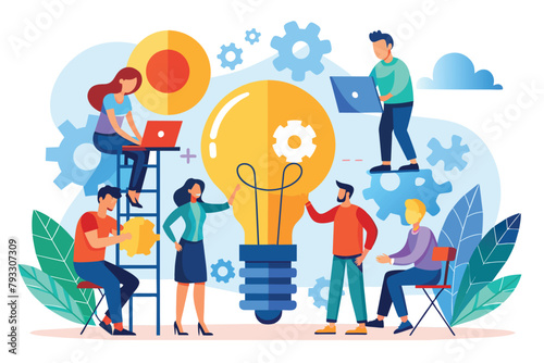 Group of People Standing Around a Light Bulb, Teamwork connecting light bulb puzzle, finding ideas solving business problems flat illustration