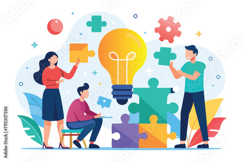 People standing around a light bulb, engaging in discussion and brainstorming ideas, Teamwork connecting light bulb puzzle, finding ideas solving business problems flat illustration