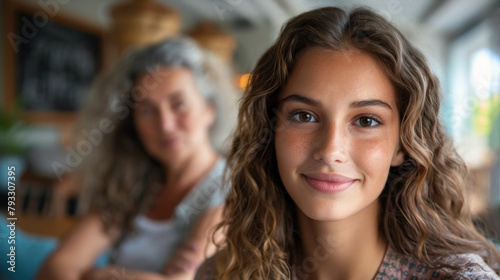 Indoor portrait of a smiling young woman with her mother proudly looking at her in the background.