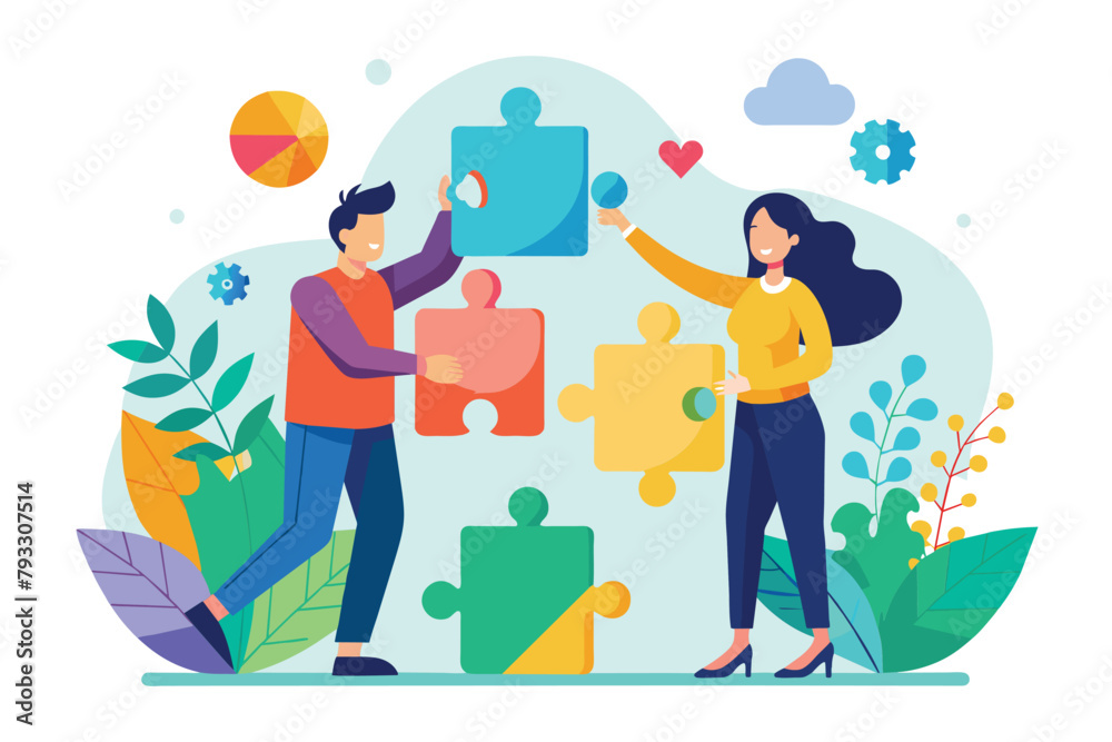 Man and Woman Holding a Puzzle Piece, Teamwork connecting puzzle elements, cooperation, partnership, Simple and minimalist flat Vector Illustration