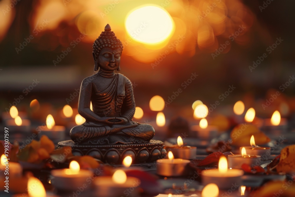 Vesak Day, Buddha statue surrounded by candles at sunset