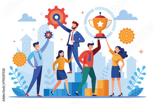 A group of people joyfully holding up a trophy after winning a competition, Teamwork for business goal achievement, Simple and minimalist flat Vector Illustration