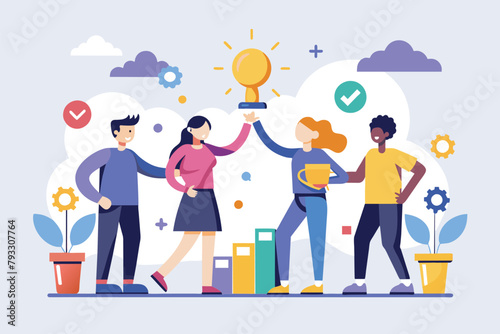 Group of People Holding Up a Light Bulb, Teamwork ideas of partnership and departmental cooperation, Simple and minimalist flat Vector Illustration