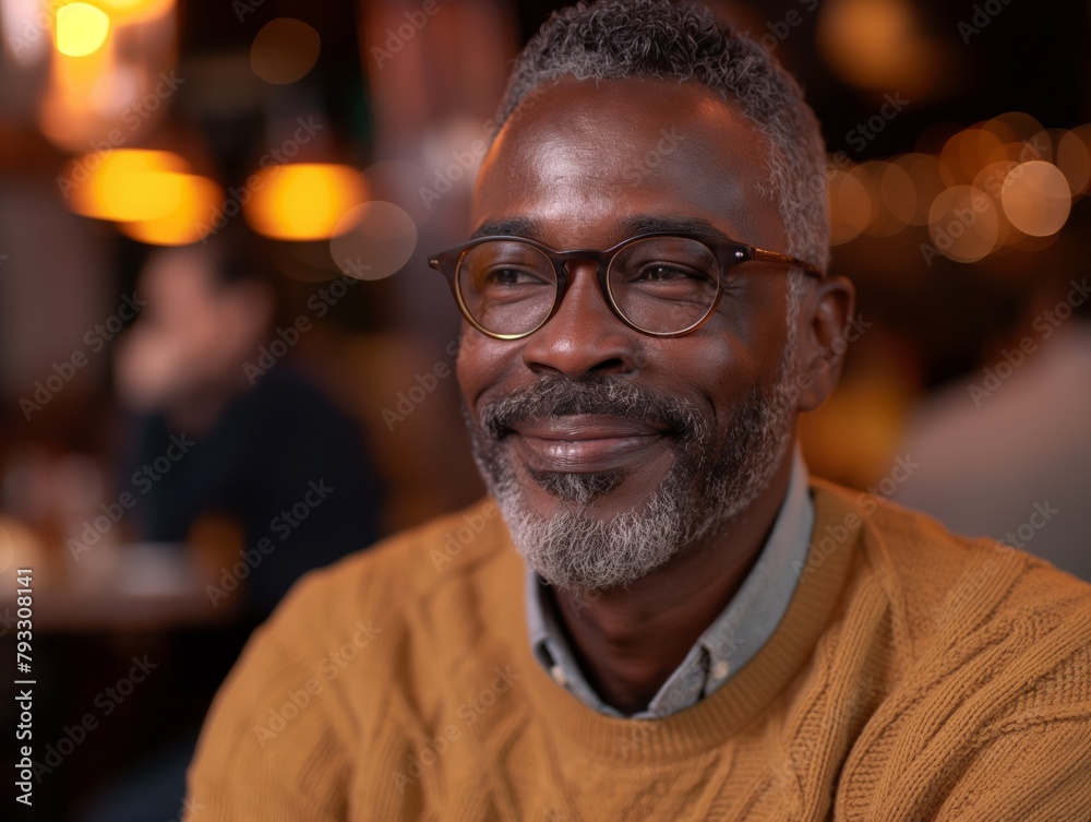 A man with glasses is smiling at the camera. He is wearing a yellow sweater and he is enjoying himself