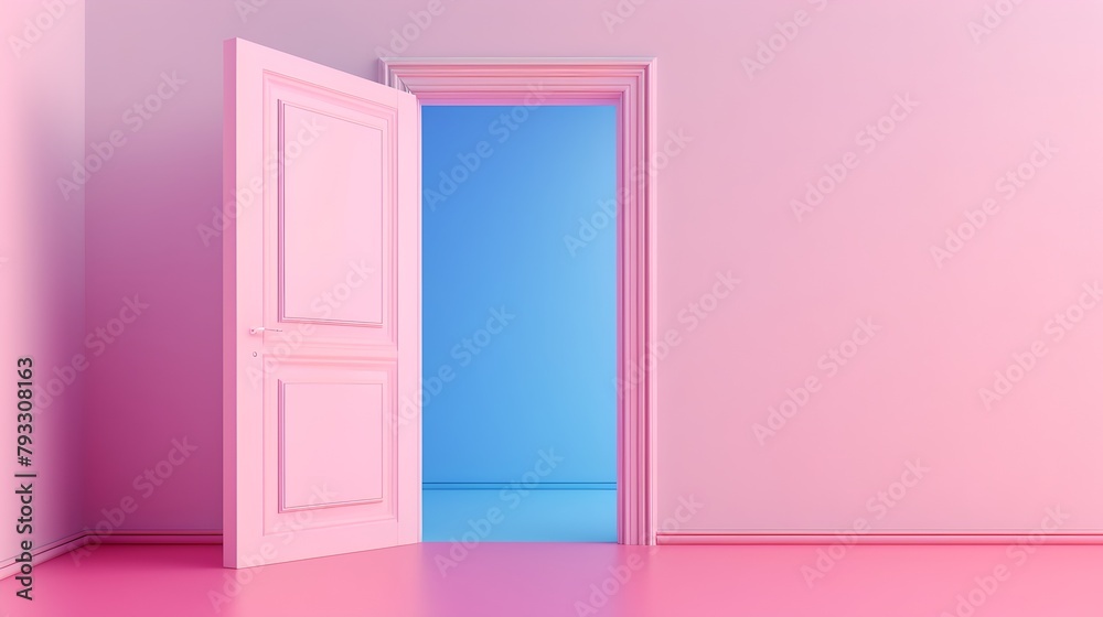 Open Door to a Blue Room from a Pink Space. Minimalist Style, Conceptual Art. Perfect for Background or Wallpaper Use. AI Open Door to a Blue Room from a Pink Space. Minimalist Style, Conceptual Art. Perfect for Background or Wallpaper Use. AI