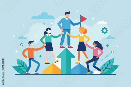 A group of people standing proudly on the peak of a pyramid  demonstrating teamwork and achievement  teamwork  Simple and minimalist flat Vector Illustration