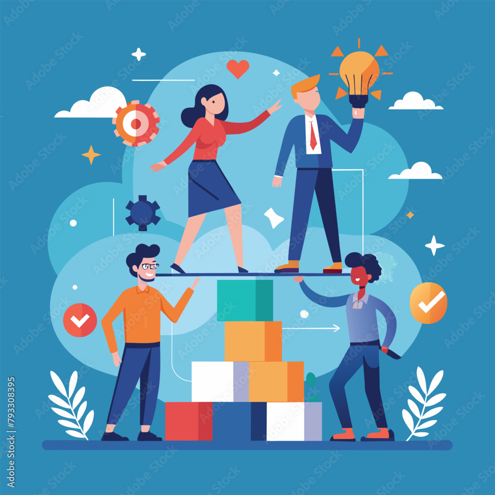 Team of individuals standing together on a stack of cardboard boxes, Teamwork with partners for career goals concept, Simple and minimalist flat Vector Illustration Team of individuals standing together on a stack of cardboard boxes, Teamwork with partners for career goals concept, Simple and minimalist flat Vector Illustration