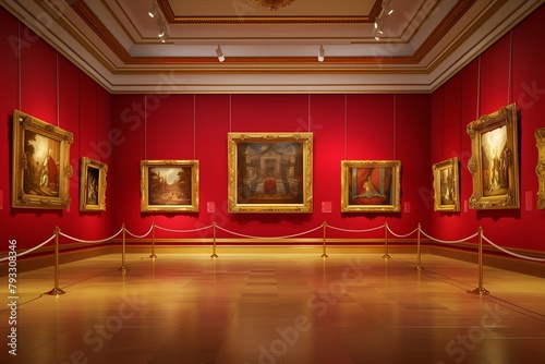Regal Red Wall Museum Gallery Featuring Golden Frames and Sophisticated Rope Barriers