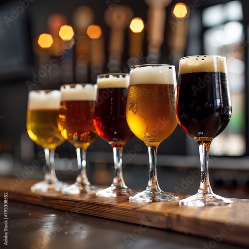 Craft Beer Medley: Tap Brews on Wooden Bar