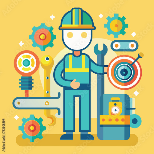 A man wearing a hard hat holding a wrench, ready for technical repairs, technical repair, Simple and minimalist flat Vector Illustration