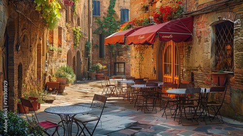 
Visualize a picturesque scene in a quaint corner of Tuscany, Italy, where charming cafe tables and chairs are arranged outside. 