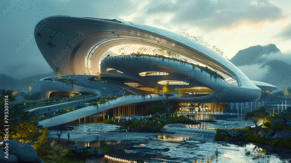 A futuristic sports stadium with a retractable roof surrounded by natural scenery. A futuristic sports stadium with a retractable roof surrounded by natural scenery.