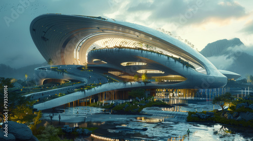 A futuristic sports stadium with a retractable roof surrounded by natural scenery.