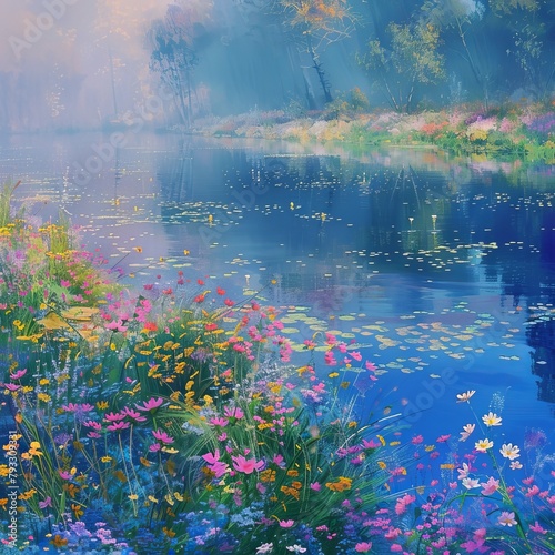 Lake in sprin with flowers