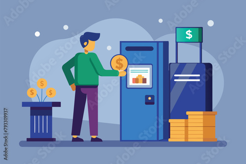 A man standing by an ATM machine, withdrawing money with cash in hand, The activity of withdrawing money from the bank trending, Simple and minimalist flat Vector Illustration
